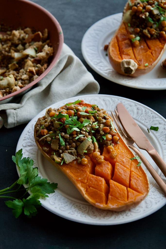 mushroom-lentil-harvest-stuffed-butternut-squash-with-balsamic-teriaky-mushroom-and-lentils-filling